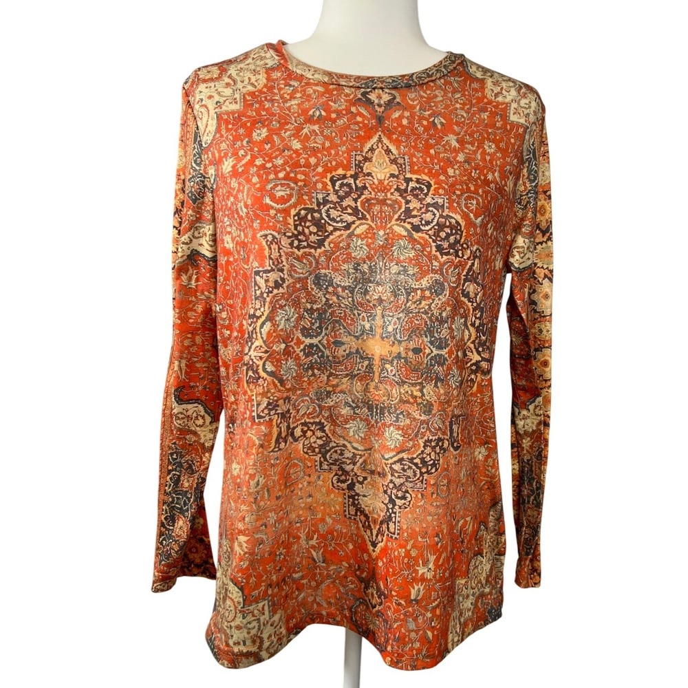 Women's Orange Medallion Print Long‎ Sleeve Crew Neck Top Size L - Picture 2 of 8